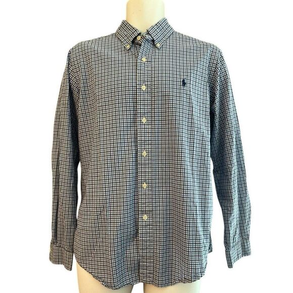 Polo Ralph Lauren Mens Large Blue White Check Long Sleeve Button Shirt Pony Vtg - Picture 1 of 4